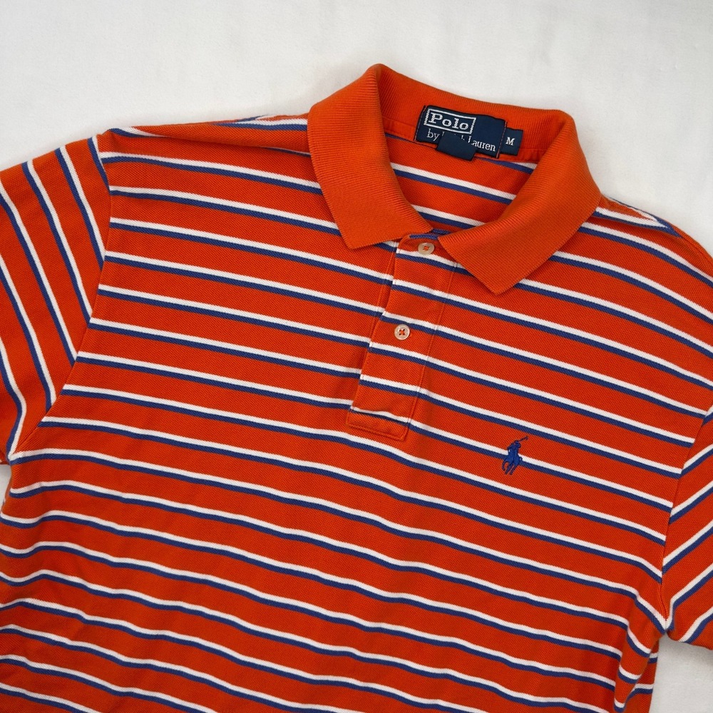 VTG Polo Ralph Lauren Shirt Men's Medium Orange‎ Stripe Short Sleeve Golf Preppy